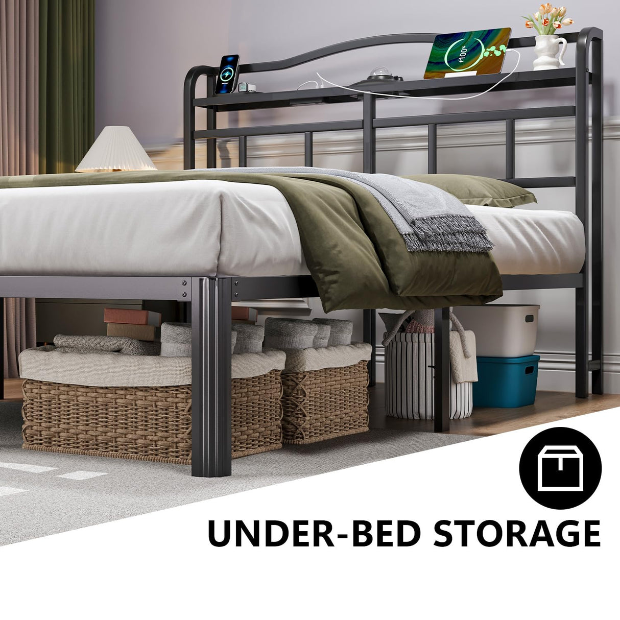 HAVONIZD Full Bed Frame - Storage Headboard with Charging Station & Galaxy Aurora Projector, 14 Inch Sturdy Metal Platform Bed Frame No Box Spring Needed, Easy Assembly, No Noise, Black HAVONIZD