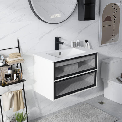 YOURLITE 30” Floating Bathroom Vanity with Sink Combo, Modern Wall Mounted Cabient with 2 Glass Doors Drawers Storage, Undermount Bathroom Ceramic Sink & Soft Closing Doors & Black Faucet