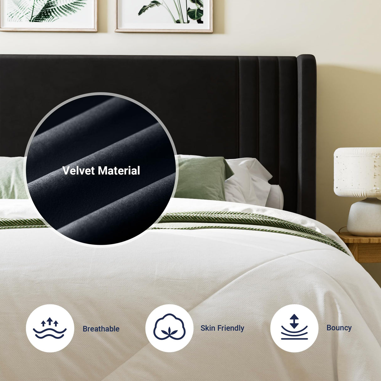 Allewie King Size Velvet Platform Bed Frame with Vertical Tufted Wingback Headboard, Easy Assembly, Under Bed Storage, No Box Spring Required, Modern Style, Black Allewie