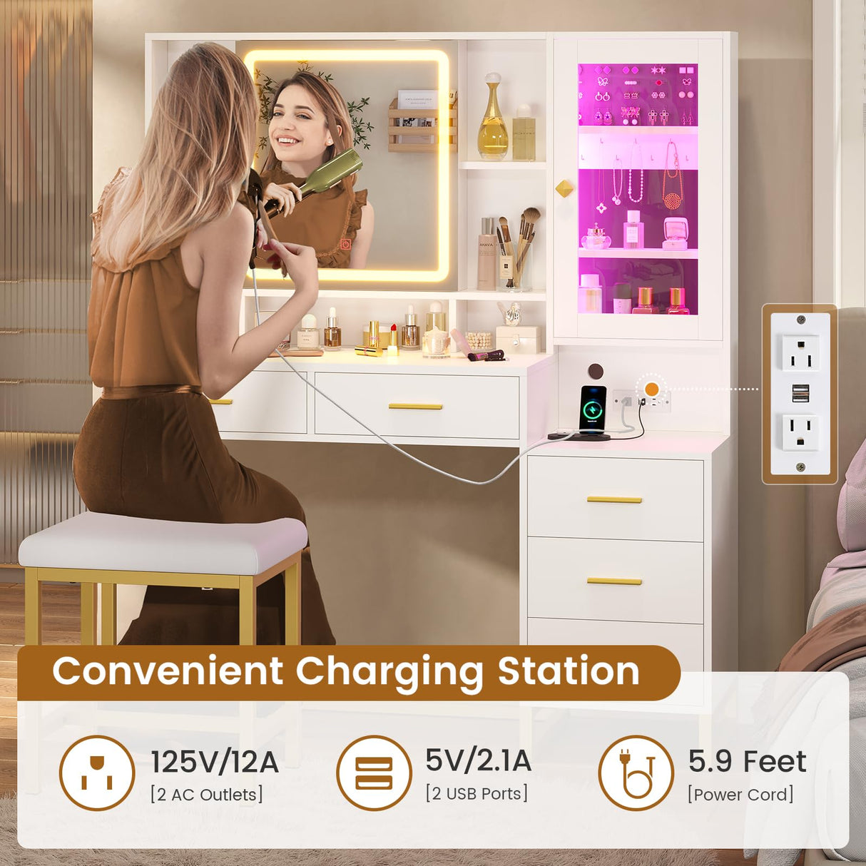 BTHFST Makeup Vanity with Upholstered Stool & Charging Station, Vanity Desk with Mirror and Lights, Vanity Table Set with Jewelry Storage & RGB Lights & 5 Drawers & Shelves, White & Gold BTHFST