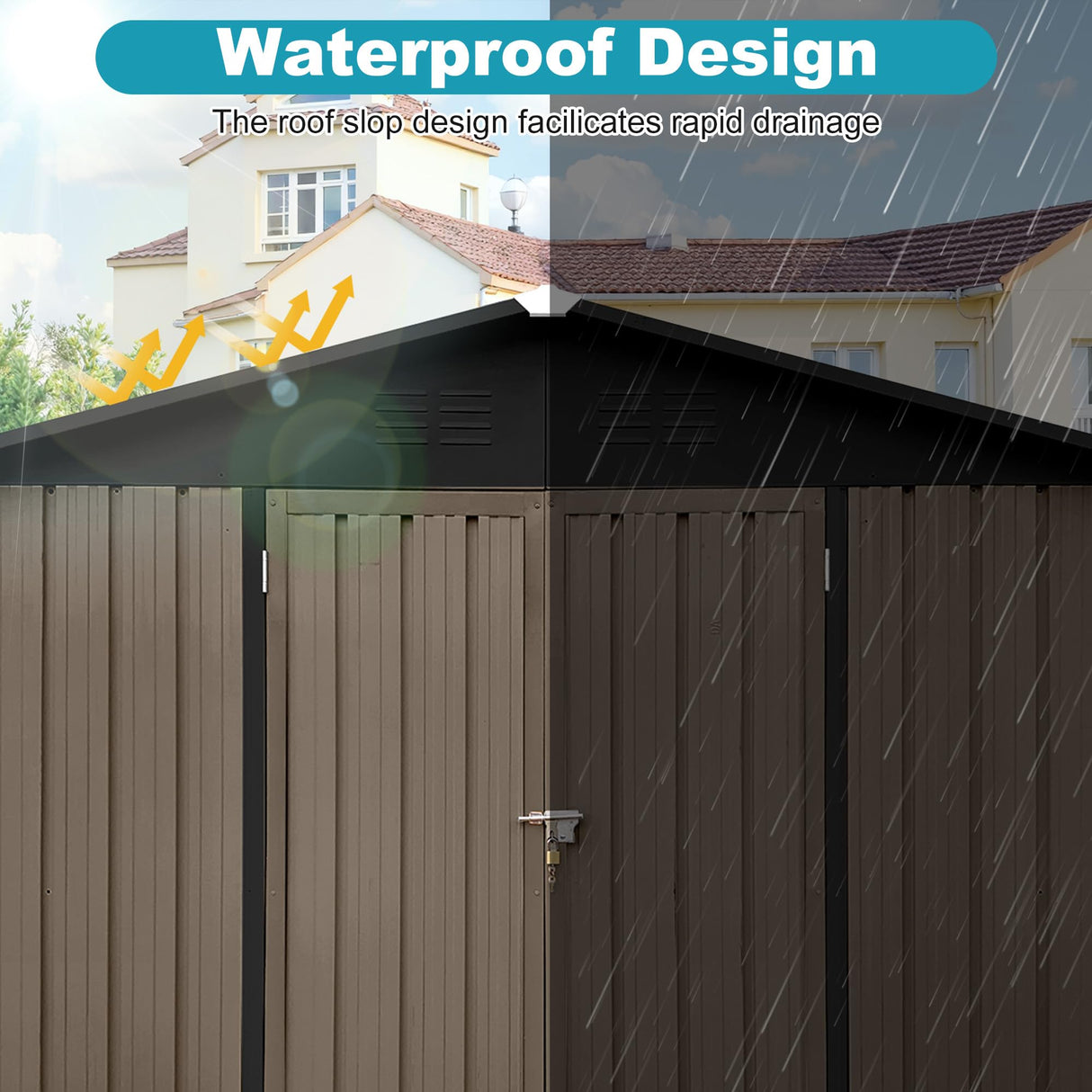Lyngins 8x6 FT Outdoor Storage Shed, Metal Tool Shed with Lockable Doors, Peaked Roof & Frame Floor, Garden Shed with Vented Design for Backyard Garden Patio Lawn, Brown + Black Lyngins