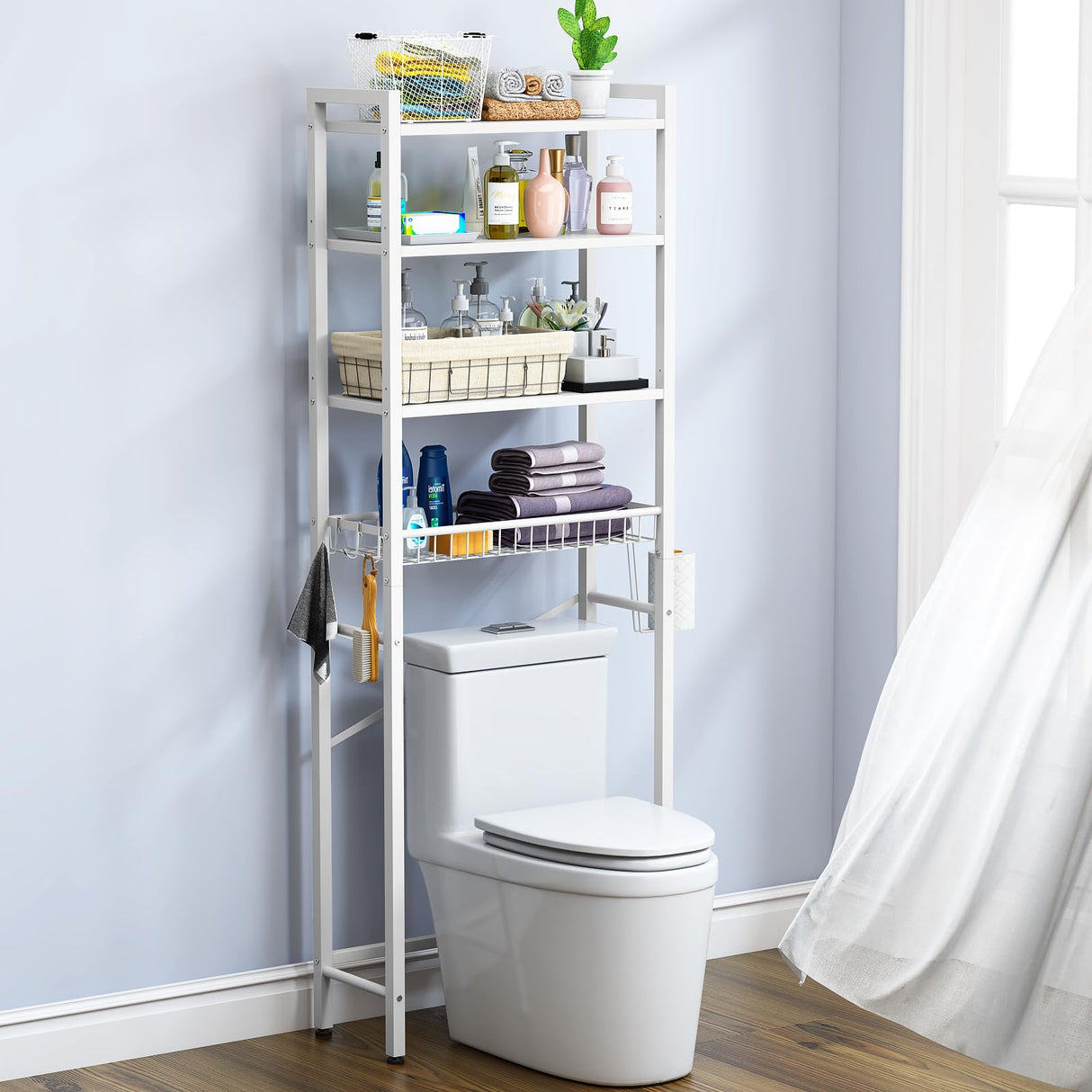 Kalrin Over-The-Toilet Storage Rack, 4-Tier Bathroom Organizer Shelf Over Toilet with Adjustable Shelf and Basket, Freestanding Space Saver Bathroom Shelves Above Toilet for Room (Pure White) Kalrin