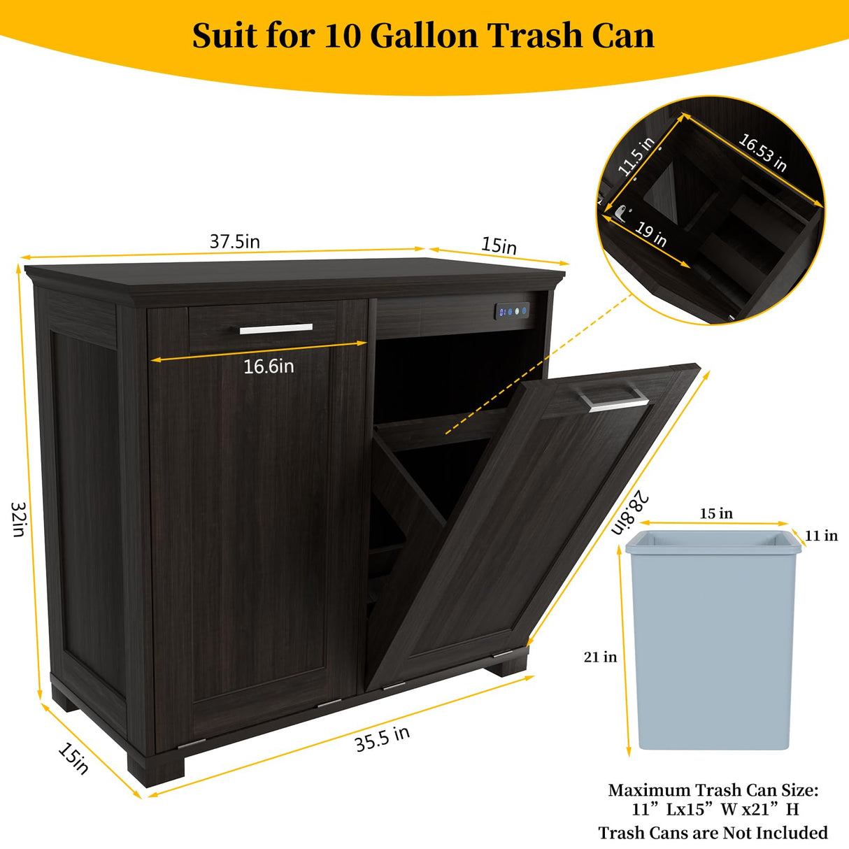 Ymise Tilt Out Trash Can Cabinet, Wooden Trash Cabinet with Deodorising Function, 20 Gallons Freestanding Dog-Proof Garbage Bin Cabinet for Home, Kitchen and Living Room, Dark Brown Ymise