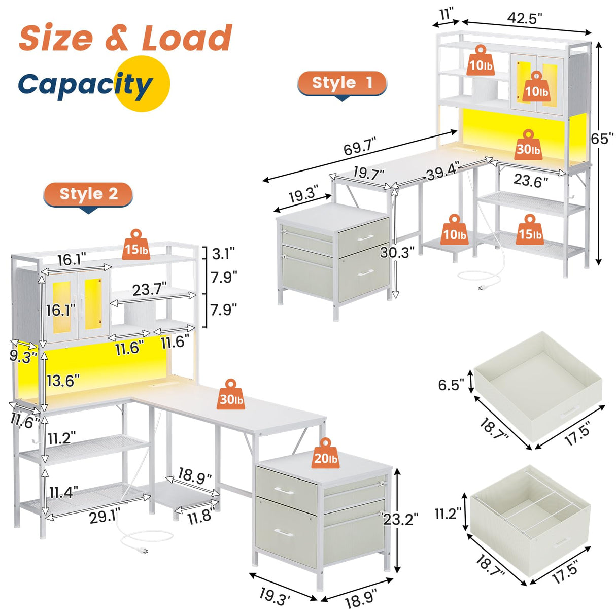 VIGKOOK L-Shaped Gaming Desk with Hutch & Power Outlet - 69.7in White Home Office Desk VIGKOOK