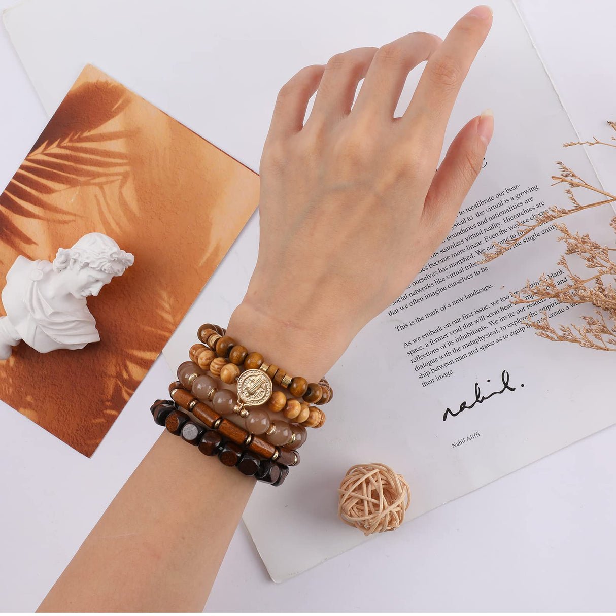 Bohemian Wood Beaded Bracelets for Women Natural Stone Boho Stretch Wooden Bracelet Set Religious Charm Multilayered Bead Strand Elastic Stackable Bracelets Handmade Jewelry Gifts for Men and Women IDEAJOY