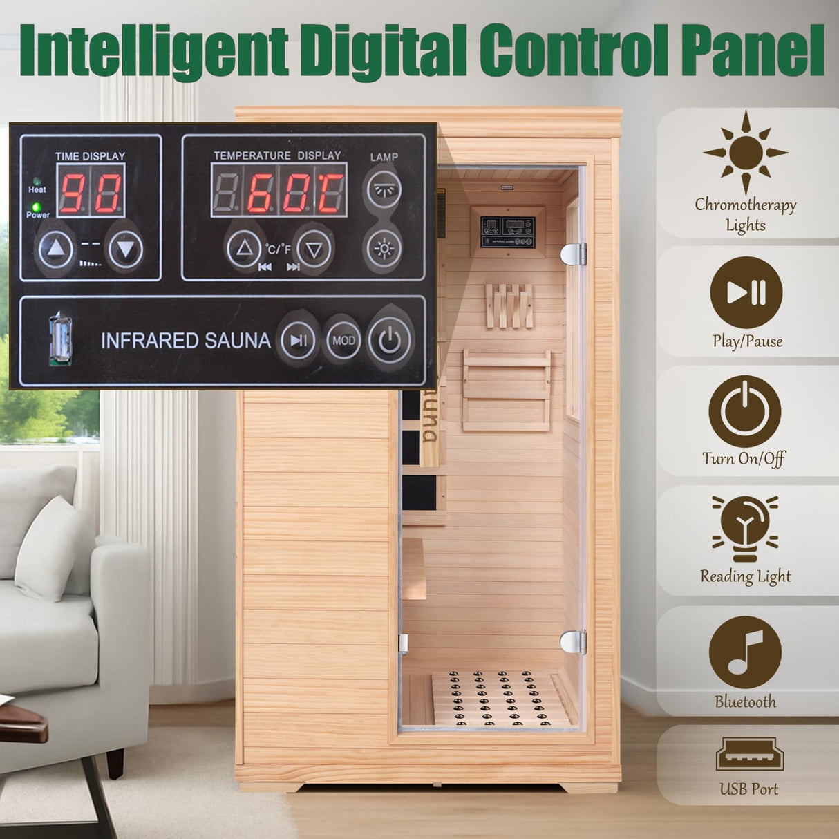 Far Infrared Sauna for 1 Person - 1050W Fast Heating, Canadian Hemlock Wood Home Sauna with Bluetooth Speaker, Chromotherapy & Oxygen Ionizer Easy Assembly Indoor Sauna for Relaxation, Detox, Home Gym Homsido