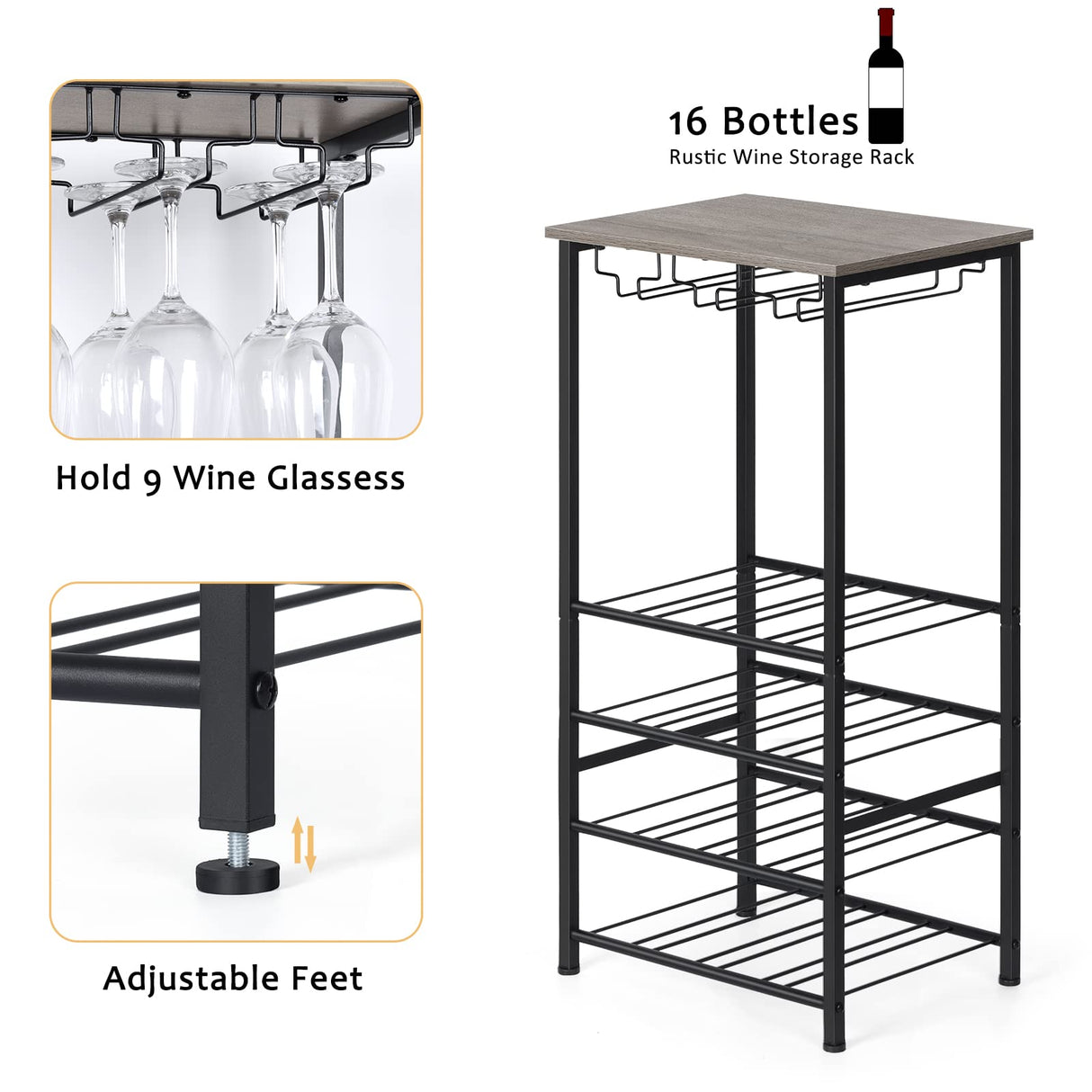 Wine Bottle Holder, Wine Rack Freestanding Floor with Glass Holder Rack, Wood Tabletop & 16 Bottles Holder, Wine Liquor Cabinet Bar for Home Kitchen, Dining Living Room, Gray Oak OYEAL