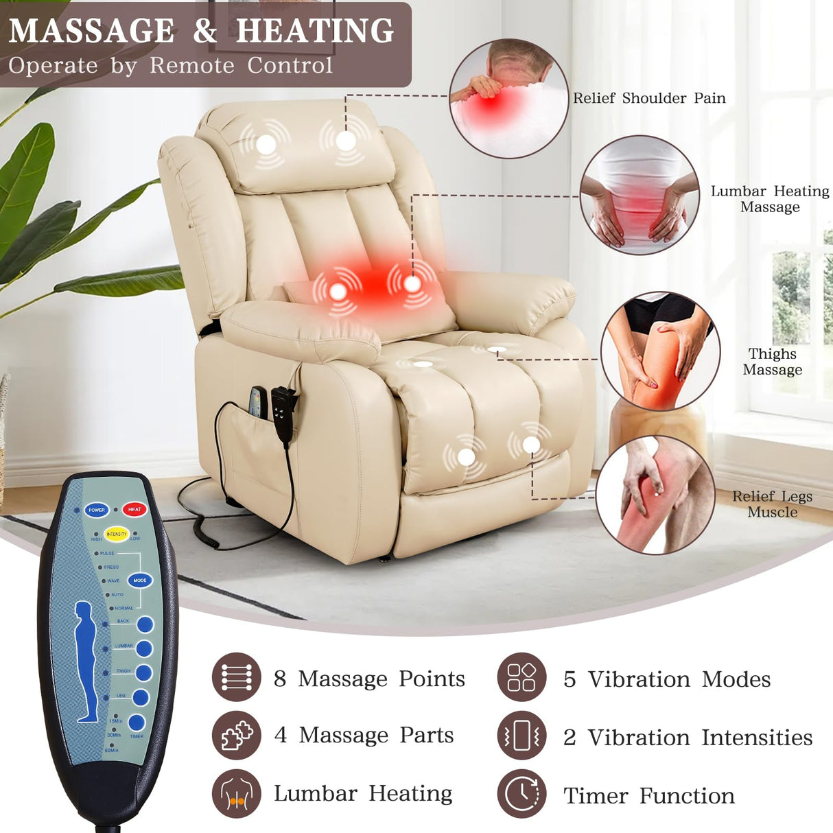 Infinite Position Lay Flat Lift Recliner Chair for Adults, Dual Motor Power Lift Chair for Elderly with Massage & Heating, Extended Footrest, USB Ports, Remote Control & Lumbar Pillow, Leather (Cream) RESTREAL