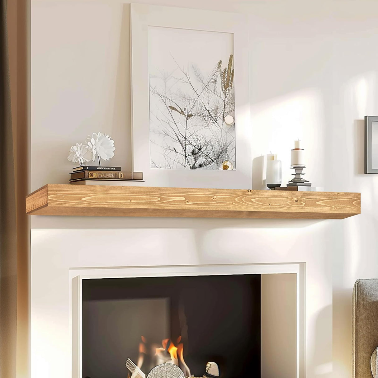 ABSWHLM 60x8x3 Fireplace Mantel - Handcrafted Hollow Rustic Solid Wood Wall Mounted Floating Shelf with Invisible Heavy Duty Wood Bracket (Natural Wood) ABSWHLM