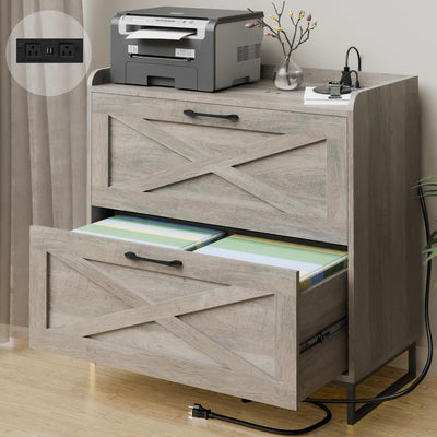 Lateral File Cabinet 2 Drawer File Cabinet with Charging Station for Legal/Letter/A4 Size Hanging Files, Modern Farmhouse Large Wood File Storage Cabinet for Home Office Furniture(Washed Gray)