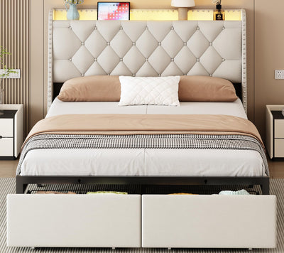 Etditrnp Full Bed Frame with Storage Drawers, LED Bed Frame with Charging Station, Velvet Button Tufted Upholstered Headboard, Wood Slats Support Noise-Free, No Box Spring Needed, Beige