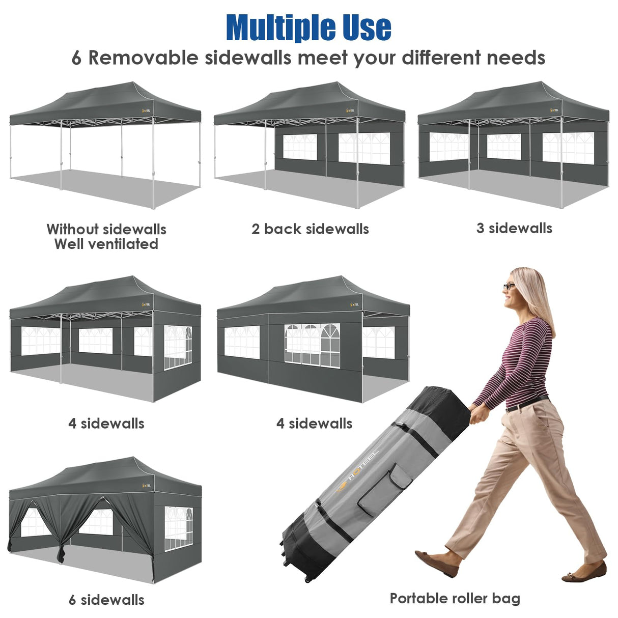 HOTEEL 10x20 Pop up Canopy Tent for Parties, Heavy Duty Easy Setup Tent with 6 Sidewalls, Outdoor Commercial Instant Gazebo for Wedding Event, with Roller Bag & Sand Bags, Grey(Hexagonal Frame) Hoteel