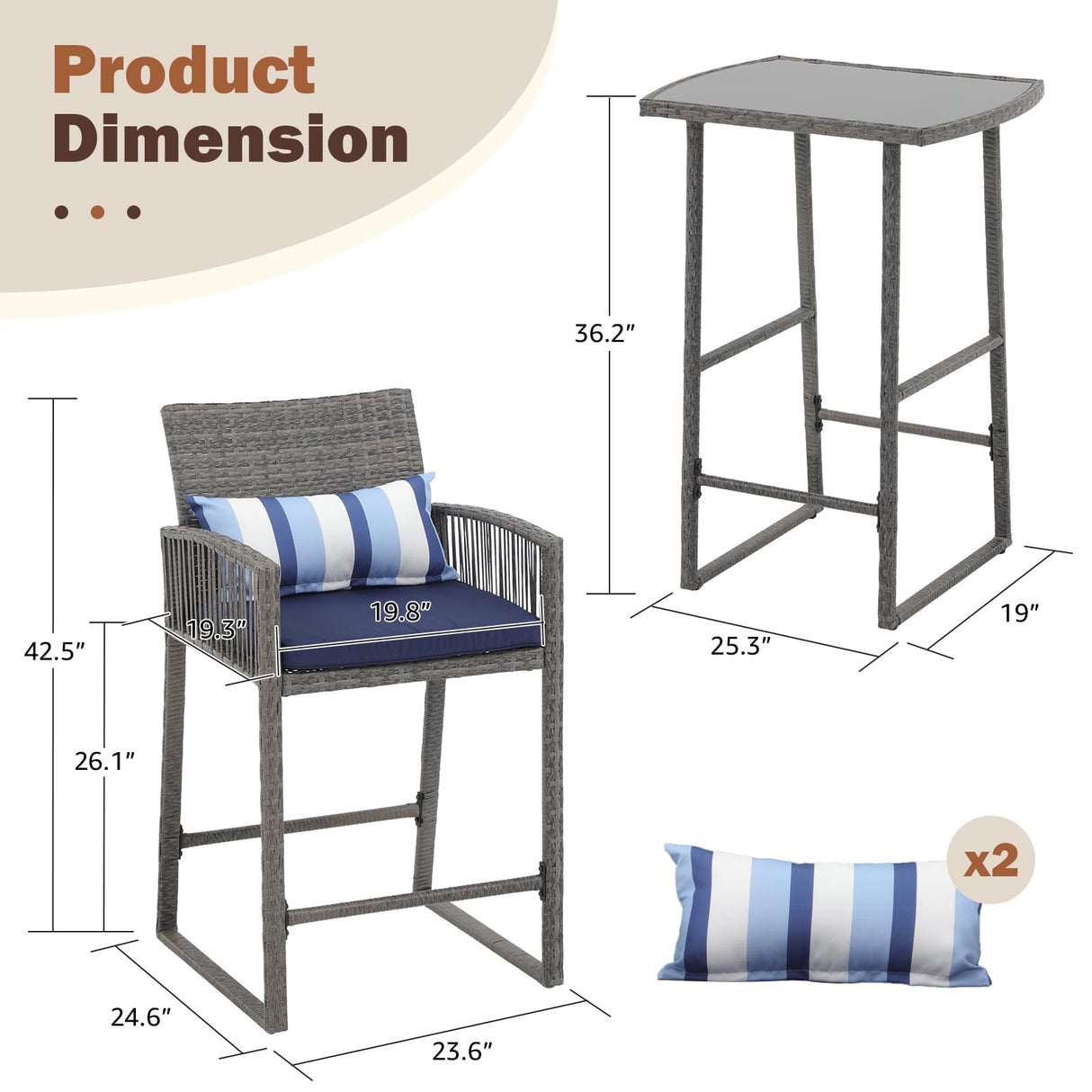 SUNSITT 3-Piece Outdoor Wicker Bar Height Table Set, 2 Bar Stools and 1 Pub Table with 2 Striped Pillows, Grey Rattan, Blue Seat Cushions, Steel Frame SUNSITT