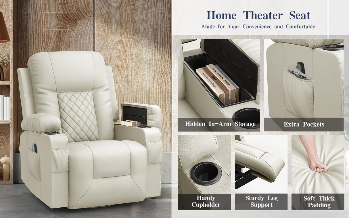 FURNIMAT Recliner Chairs for Adults, Massage Rocker with Heated Modern Ergonomic Lounge 360 Degree Swivel Single Sofa Seat Living Room Lounge Recliners Ivory White FURNIMAT