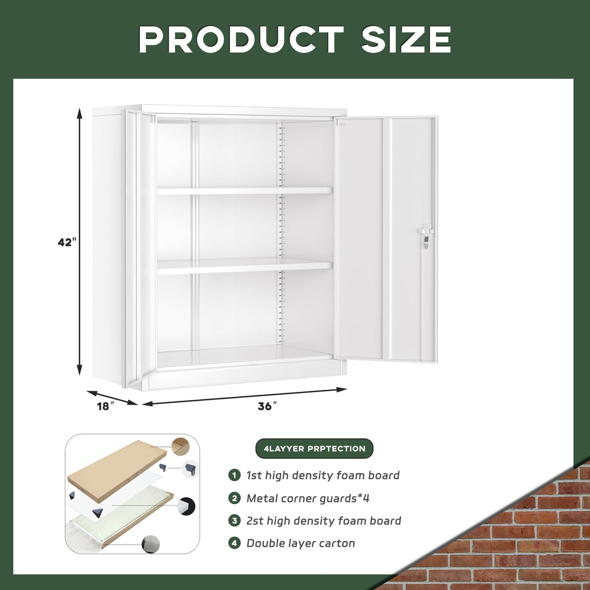 Greenvelly Metal Storage Cabinet, 42” Metal Locking Cabinet with Doors and 2 Adjustable Shelves, Small Steel Cabinet with Lock for Office, Garage, Home, School (White) Greenvelly