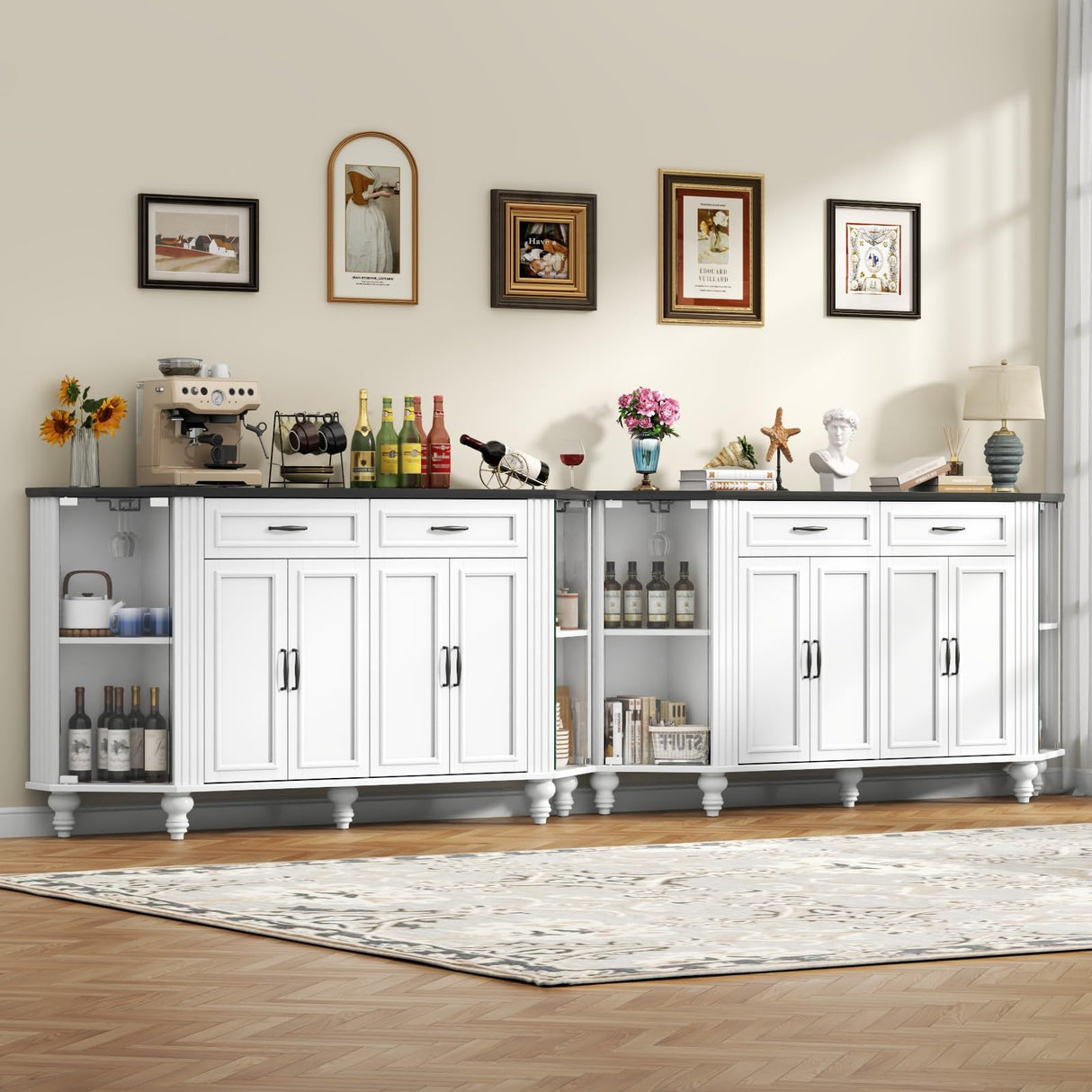 Gyfimoie Buffet Cabinet with Storage, Farmhouse Kitchen Sideboard Cabinet with Solid Wood Legs Coffee Bar Storage with Glass Door Side Shelves for Kitchen, Dining Room, Entryway Gyfimoie