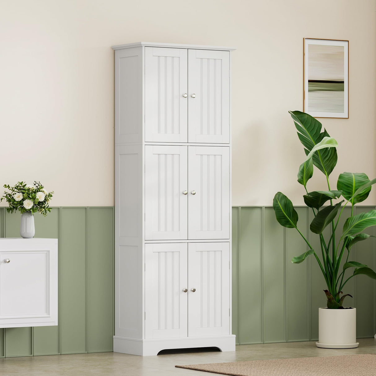 ChooChoo Tall Bathroom Storage Cabinet with 6 Doors, Freestanding Floor Cabinet with Adjustable Shelves, White Pantry Cabinet for Bathroom, Kitchen, Laundry Room ChooChoo