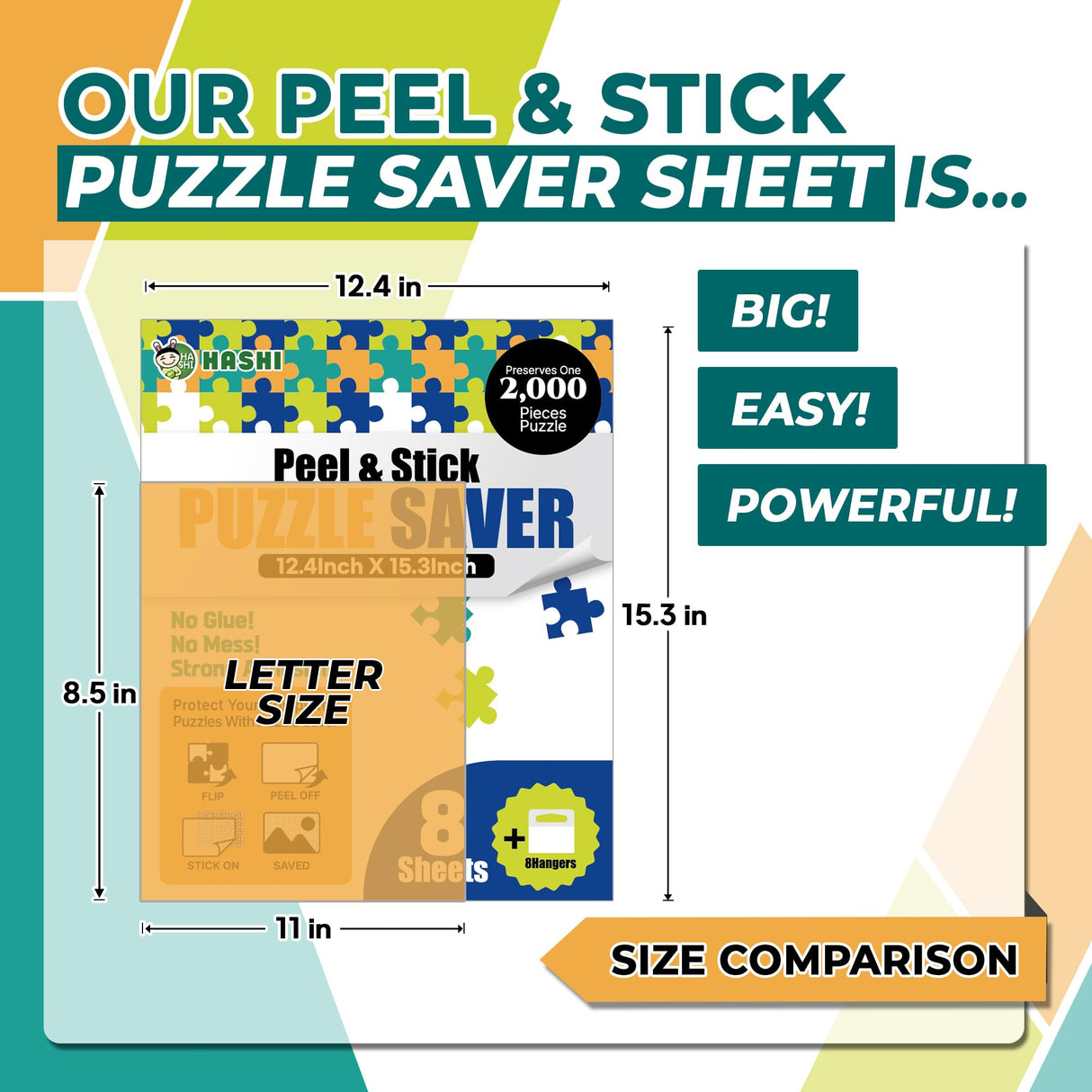 HASHI Puzzle Saver 8 Sheets (12.4 x 15.3 Inches) with 8 Hangers, Easy Peel & Stick, No Mess, Adhesive Backing for Jigsaw Puzzles HA SHI