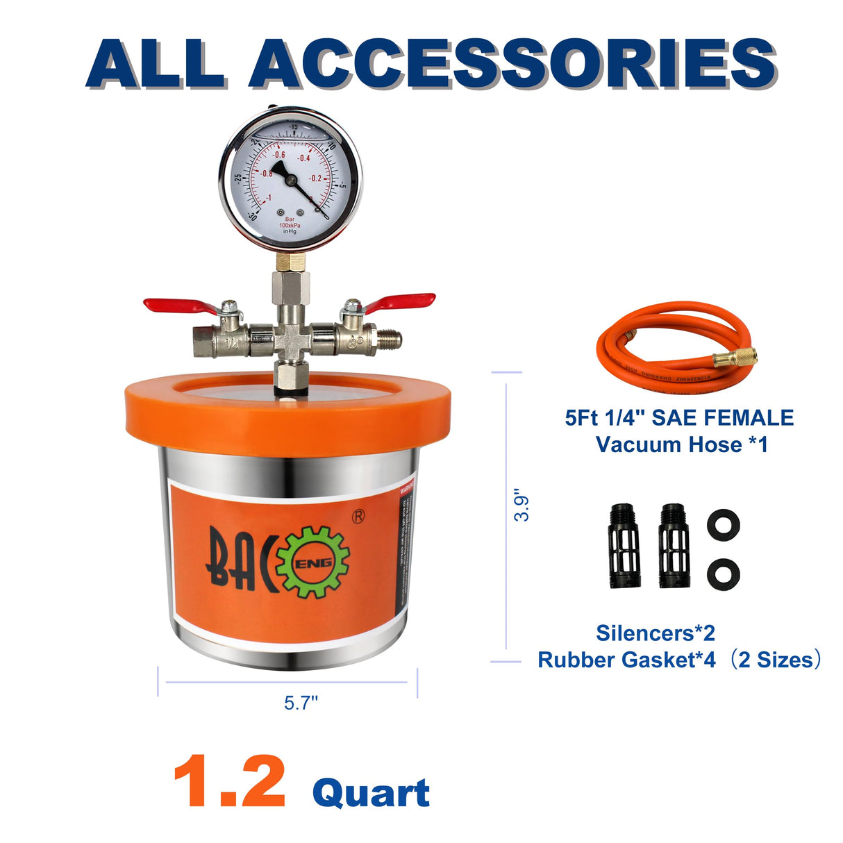 BACOENG Universal Vacuum Chamber Series: 1.2 Quart Stainless Steel Vacuum Chamber Kit, Vacuum Degassing Chamber for Resin, Silicone and Epoxies BACOENG