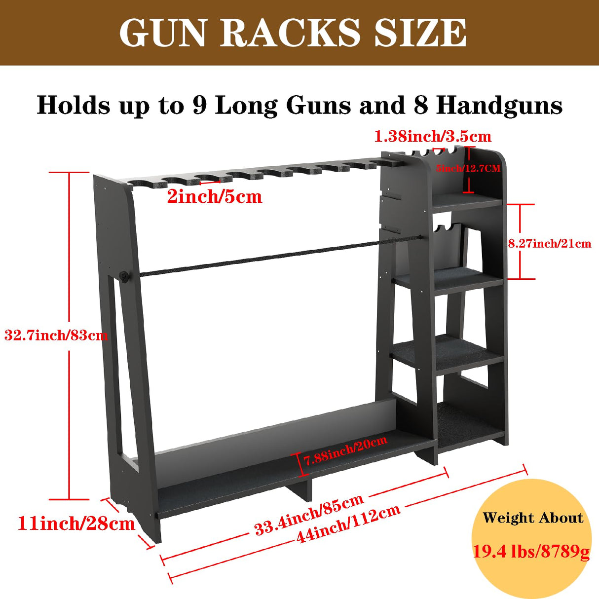 Prometis Gun Storage Racks - Freestanding Floor Wooden Rifle Rack with Pistol Shelves, 9+8 Slots Adjustable Height Storage Solutions and Gun Room Display Stand, Holds up to 9 Long Guns and 8 Handguns Prometis