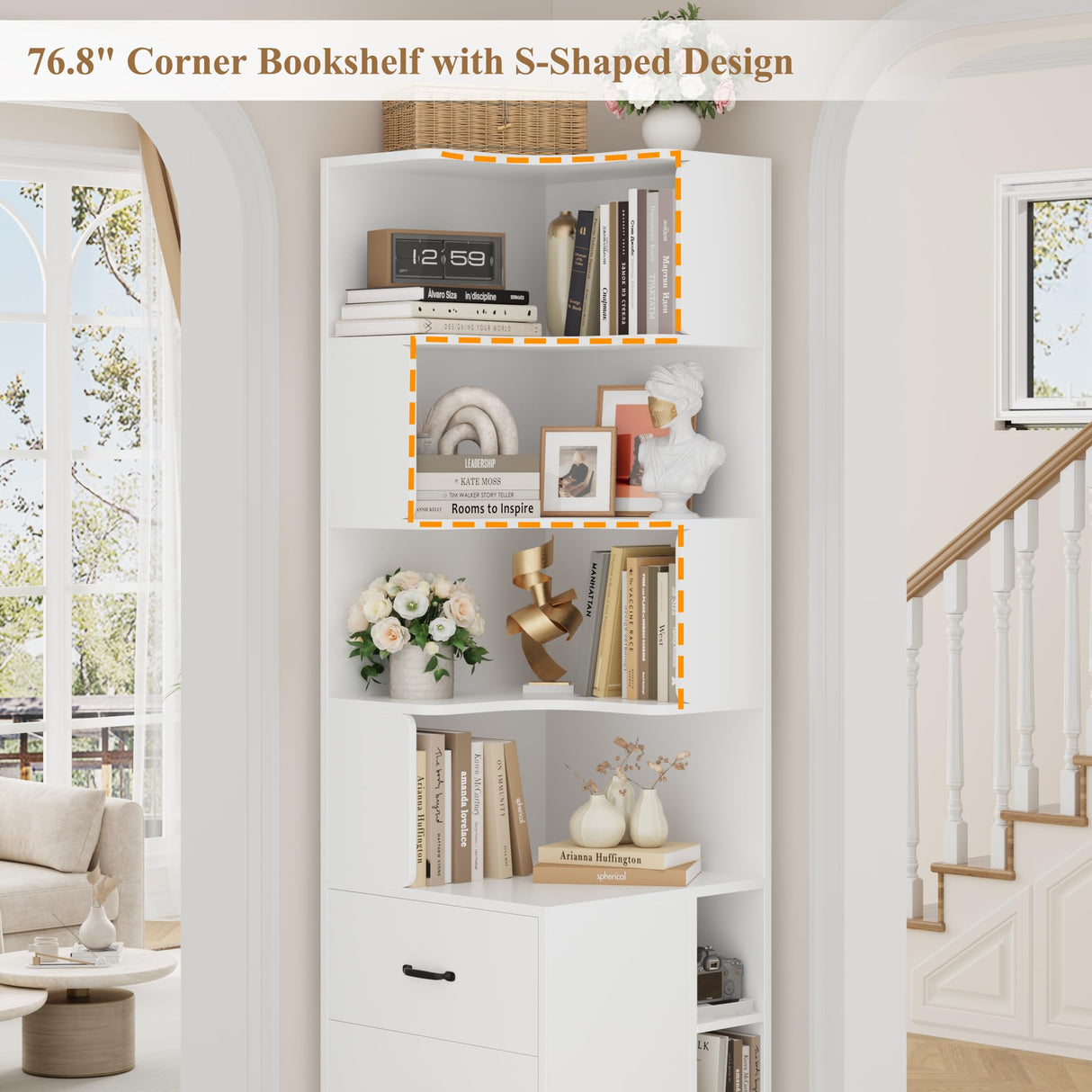 FACBOTALL 76.8” Corner Bookshelf with 3 Drawers and 3 Side Storage Cubbies, L Shaped Tall Bookshelf and Bookcase, 4 Tier Corner Bookcase, Wood Narrow Book Shelf for Living Room, Office, White FACBOTALL