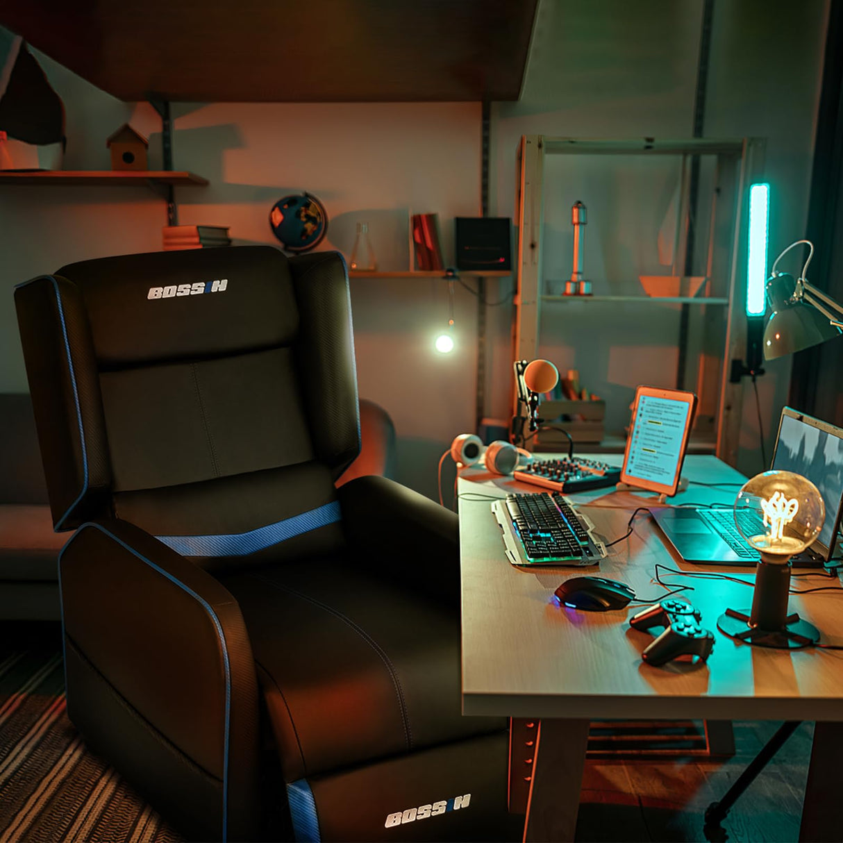 BOSSIN Gaming Recliner Chair for Adults 400lbs Racing Style Sofa Big and Tall PU Leather Recliner Seating Modern Ergonomic Lounge Recliner Chair Comfortable Home Movie Theater for Living Room(Blue) BOSSIN