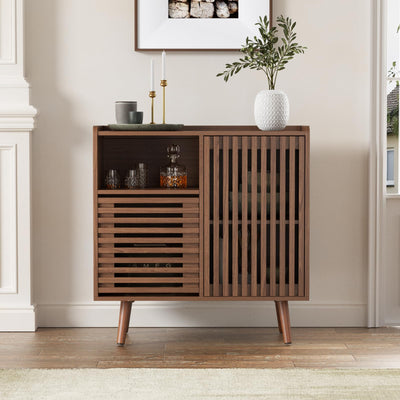 FiveWillowise Buffet Cabinet with Storage, 31.5" Buffet Table with Storage, Mid-Century Sideboard Coffee Bar Cabinet with Silding Door for Living/Dining Room, Kitchen, Hallway, Walnut