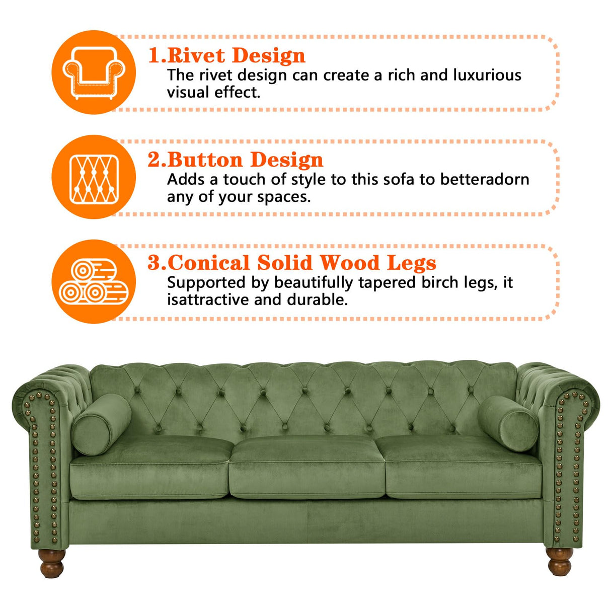 Anwick Chesterfield 3 Seater Sofa, Mid Century Modern Large Sofa with Rolled Arms and Solid Wood Legs, Upholstered Leather Tufted Couch for Living Room, Bedroom, Office, Apartment (Green) Anwick