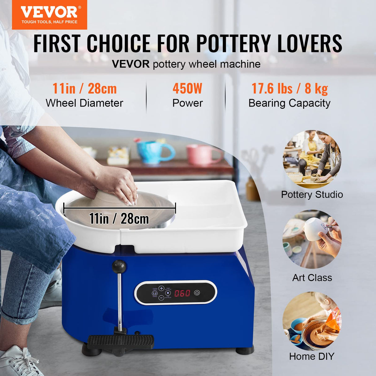 VEVOR 11in Pottery Wheel for Adults Beginners, 450W Ceramic Wheel Forming Machine With LCD Touch Screen, Adjustable 60-300RPM Speed Handle and Foot Pedal Control, 32PCS Accessory Tools Kit, Craft Gift VEVOR