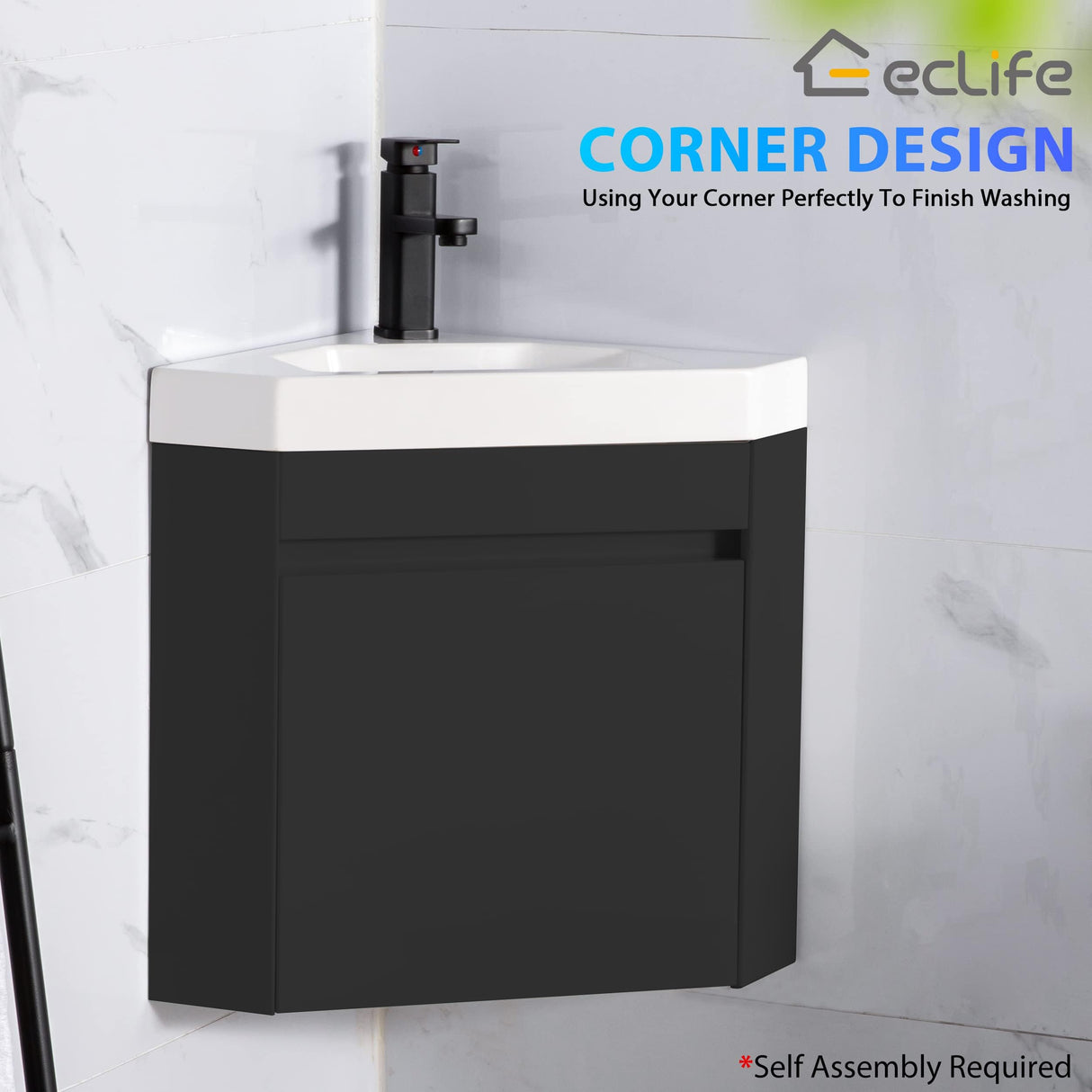 eclife 22" Corner Bathroom Vanity Sink Combo for Small Space Wall Mounted Floating Cabinet with White Resin Sink and Matte Black Faucet, Black eclife