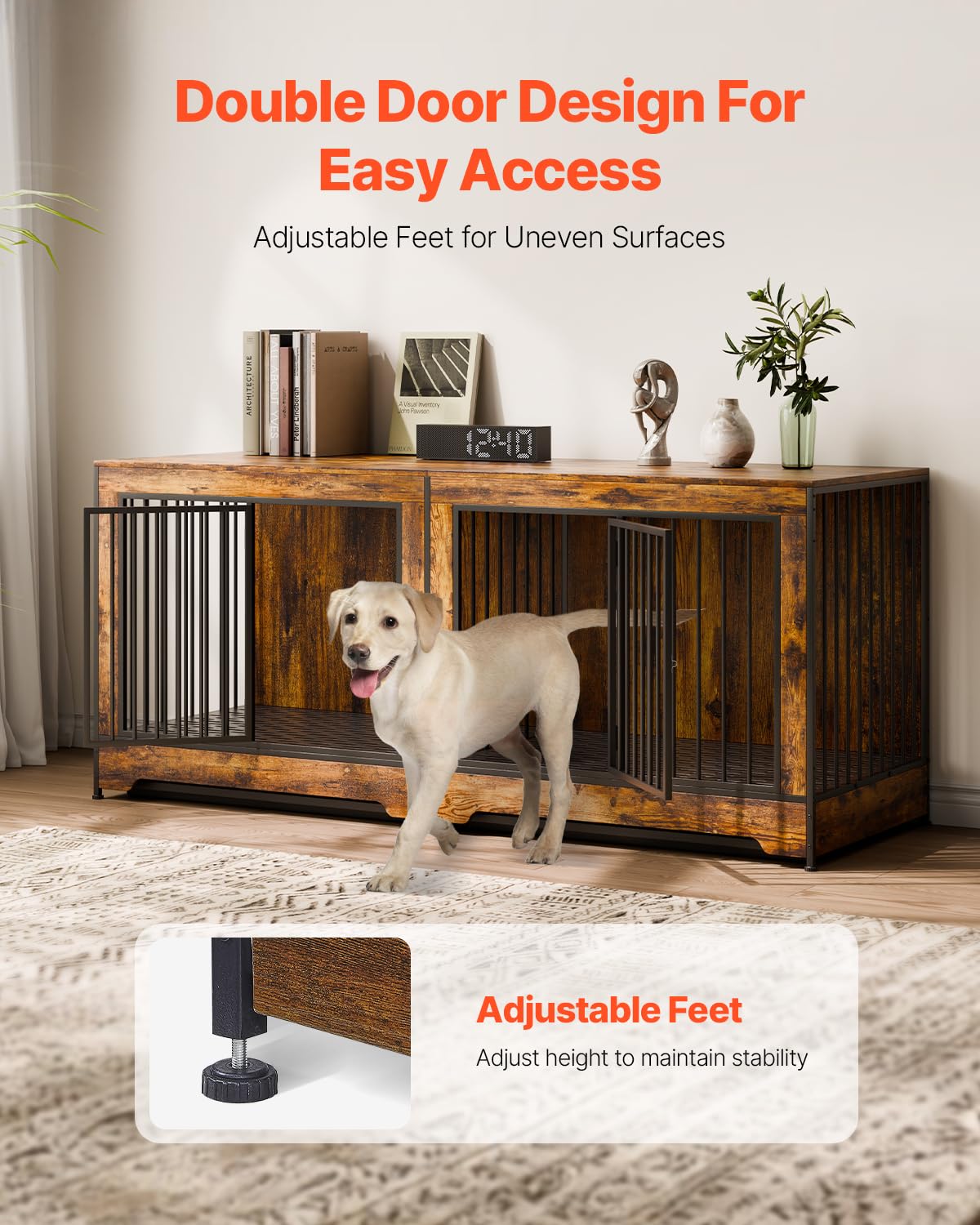 VEVOR 75" Dog Crate Furniture for 2 Dogs,Extra Large Double Dog Crate Furniture Large Breed with Divider & Double Doors,Large Wooden Dog Crate Furniture TV Stand for Medium Large Dogs Brown VEVOR