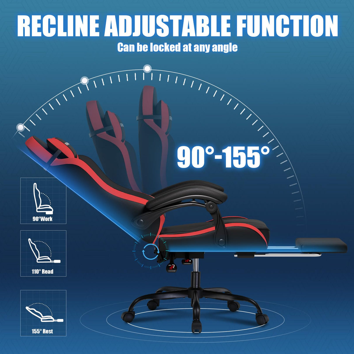 GTPLAYER Gaming Chair with Footrest, Computer Gaming Chair for Adults and Kids, Height Adjustable Gamer Chair with 90-155° Recline & Removable Headrest Lumbar Support (Black-Red) GTPLAYER
