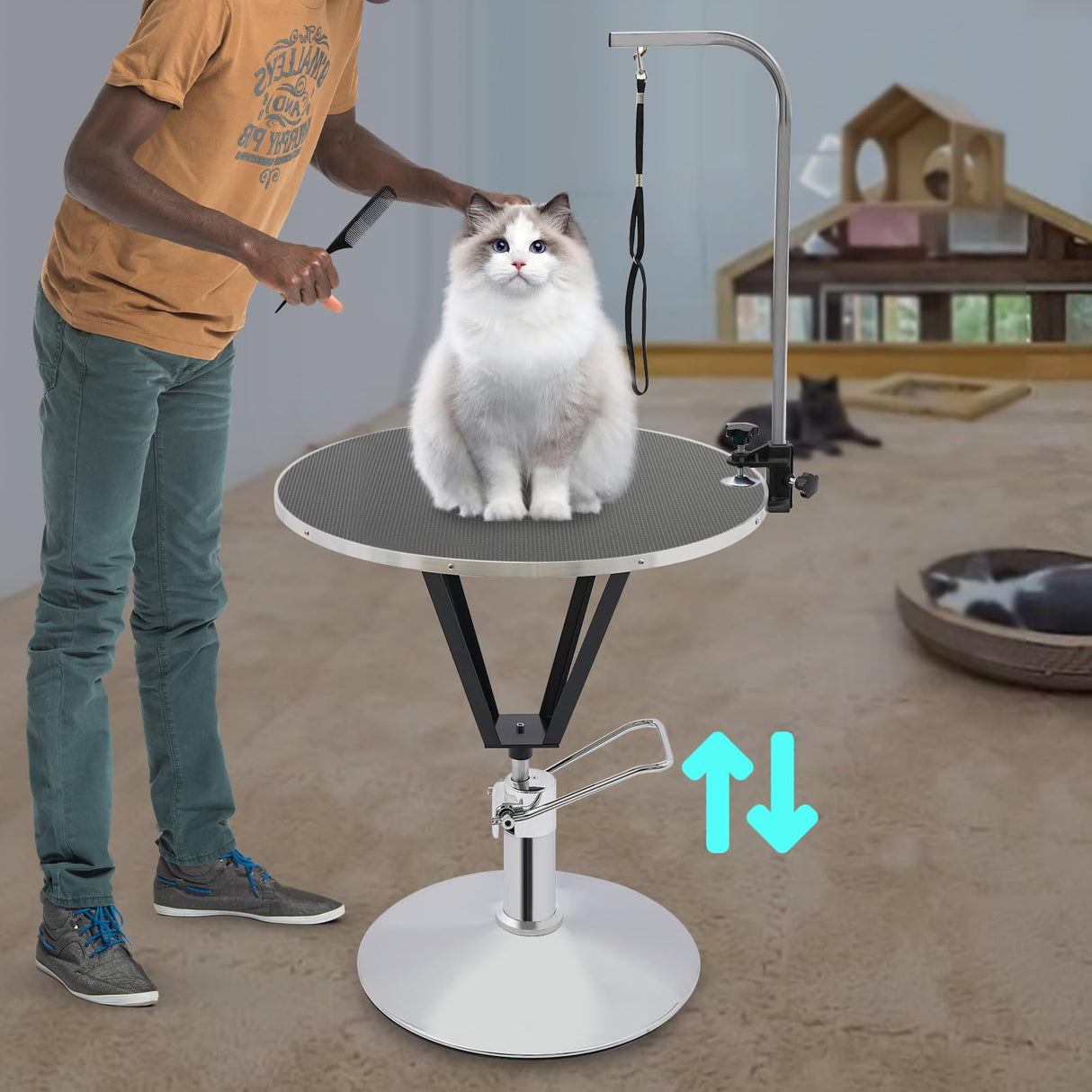 LUNUMAOS Hydraulic Pet Grooming Table with Adjustable Arms, 360 Degree Table Top Swivel Maximum Load 220 lbs Professional Pet Grooming Table, 34in Hydraulic (Black,Round) LUNUMAOS