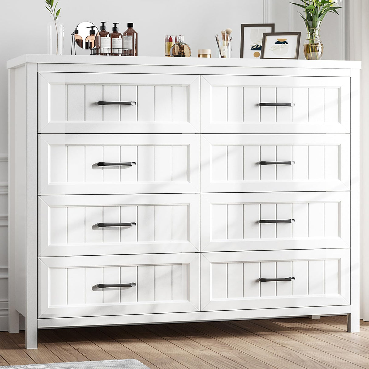 Jocoevol Farmhouse Dresser 8 Drawer Dresser for Bedroom, Large Wooden Dressers Double Grey Dresser with Deep Drawers Dressers for Hallway, Entryway (White) Jocoevol