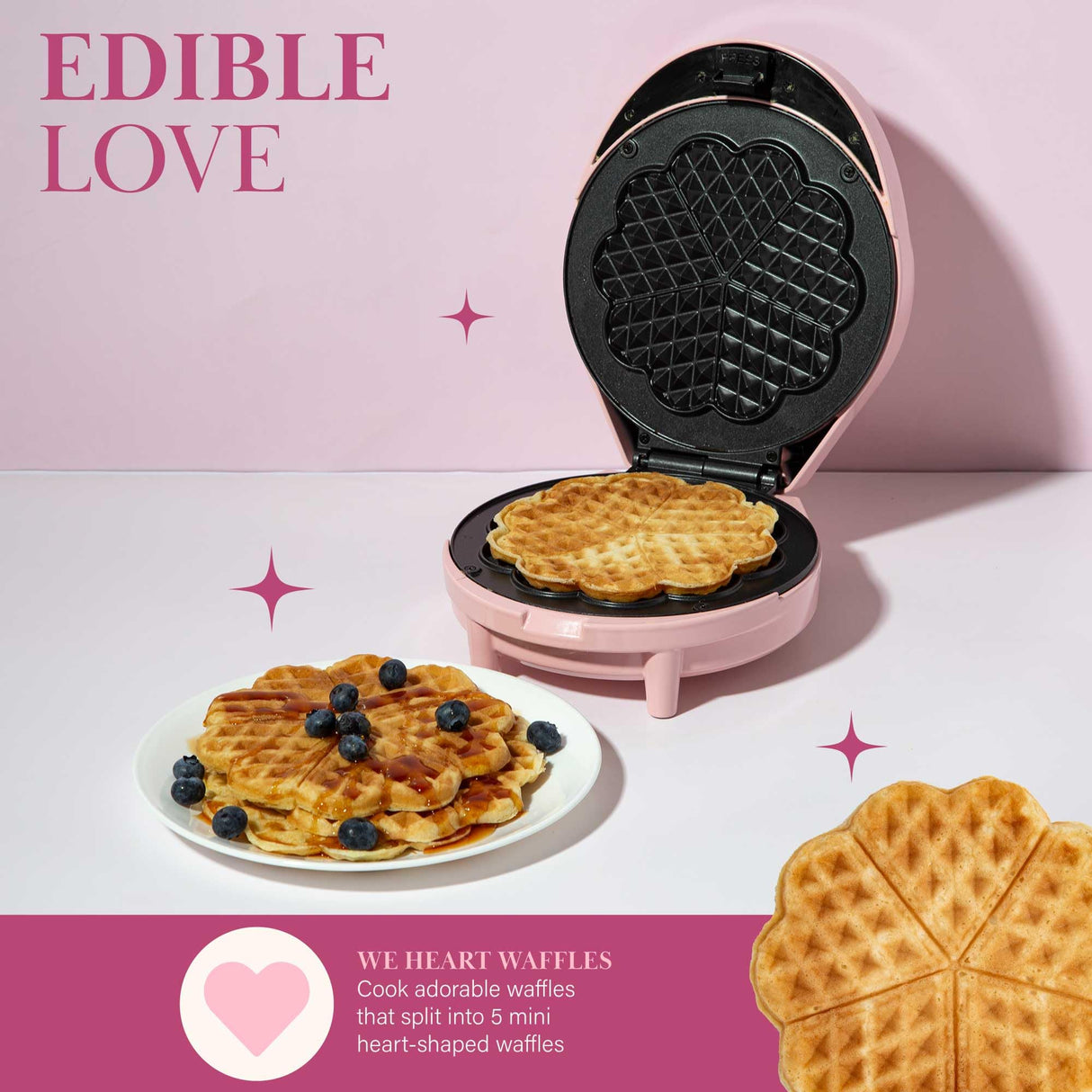 Paris Hilton Heart Waffle Maker, Makes 5 Mini Heart Shaped Waffles or 1 Individual Waffle, Easy to Clean 6" Nonstick Plates, Made without PFAS or PFOA, Electric Waffle Iron, Pink Paris Hilton