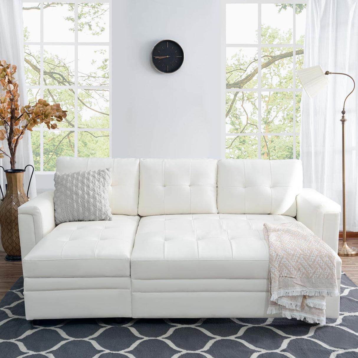 Naomi Home L-Shaped Sectional Sleeper Sofa with USB Ports - Convertible Pull-Out Bed, Ample Storage, Timeless Design, Durable Construction, White/Air Leather Naomi Home