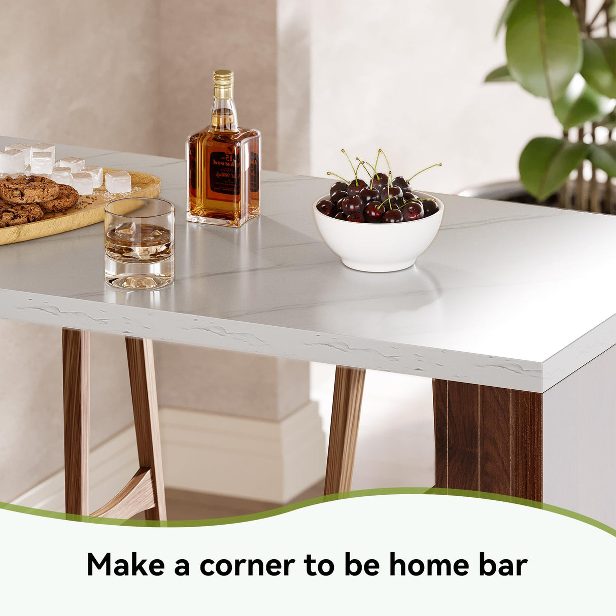 LITTLE TREE Home Bar Table, 55-Inch Long Counter Height Pub Table with a Faux Marble Finished Tabletop, Narrow Rectangular Indoor Bar Unit for Home, Kitchen, White & Walnut LITTLE TREE