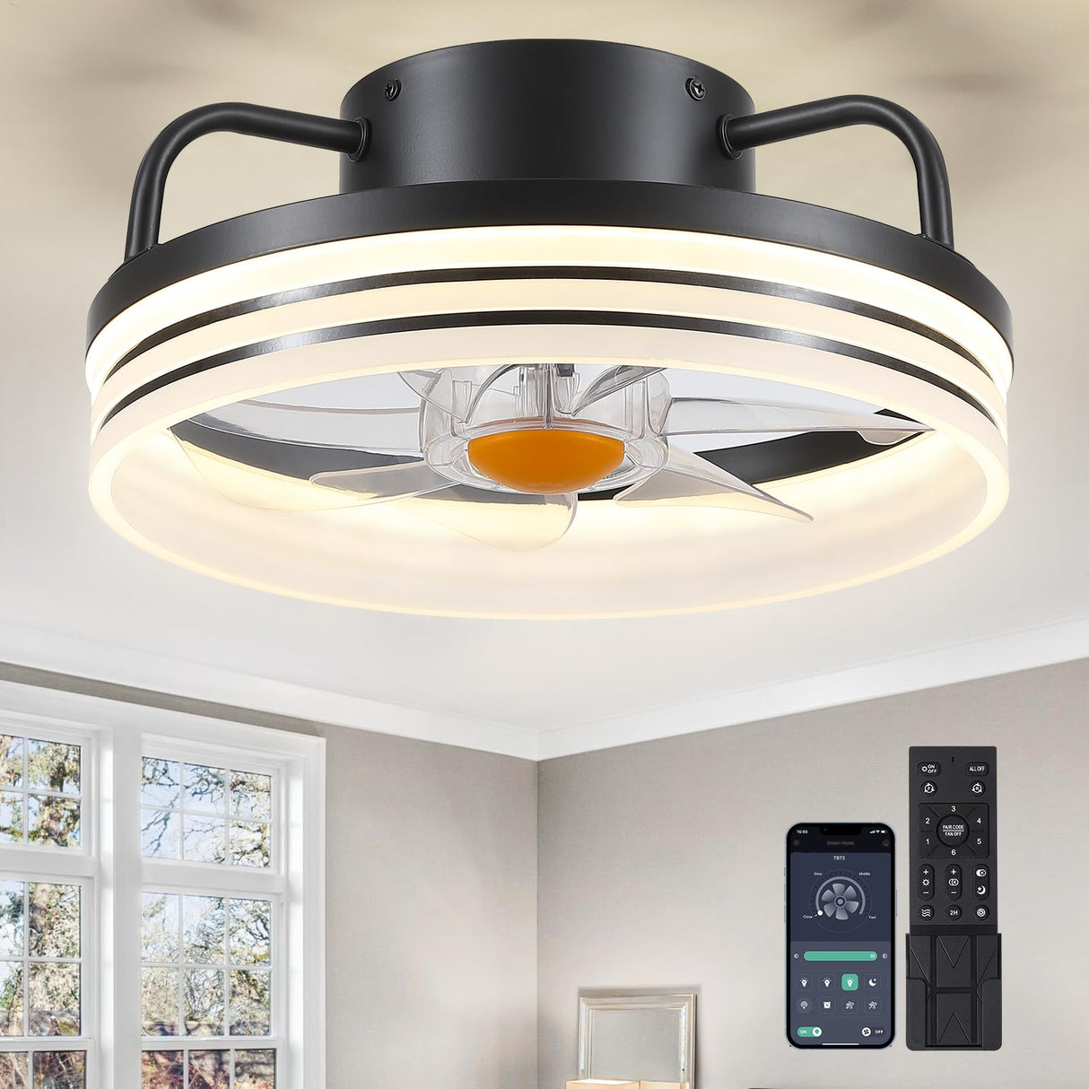 BYKISTOK Ceiling Fans with Lights - 13" Bladeless Flush Mount Ceiling Fans with Remote and Led Light, 3CCT 6 Speeds 2 Timer, Black Low Profile Ceiling Fan Light for Modern Indoor Bedroom BYKISTOK