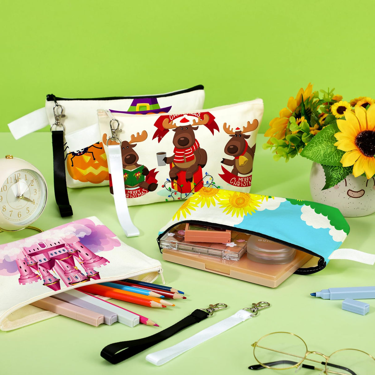 Gejoy 100 Pack Sublimation Blank Canvas Cosmetic Bags Bulk DIY Heat Transfer Makeup Bags With Wristband Lanyard Zipper Cosmetic Bags Pencil Bag for Multipurpose Printing Bag Decor, 8.66 x 5.12 inch Gejoy