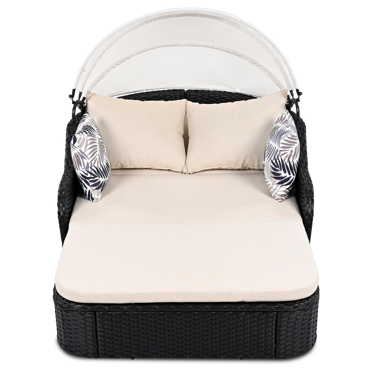 Patio Canopy Daybed with Canopy, 79.9" Outdoor Sunbed with Adjustable Canopy, Double Lounge Chair, PE Rattan Daybed for Garden Poolside Patio, Black Wicker and Beige Cushion RuiSiSi