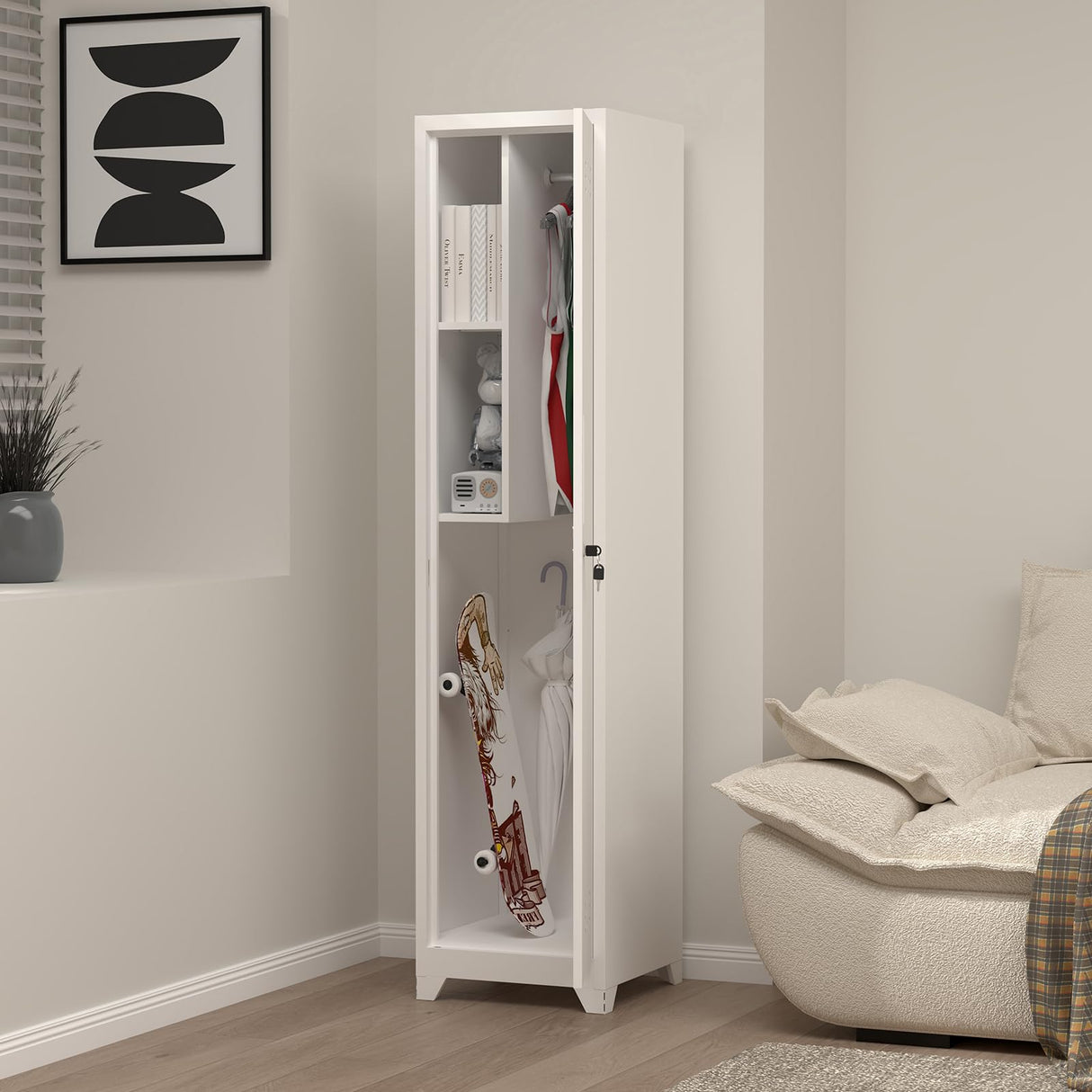 STEELIST Slim Broom Storage Cabinets, Metal Cabinet with Shelves and Hanging Rod, 65" Utility Storage Cabinet with Locking Door, Tall Cleaning Cabinets for Kitchen, Pantry, Office, Shop, Garage STEELIST