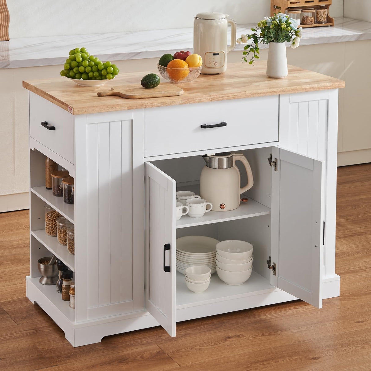 VEVOR Kitchen Island Cart, 46" Wood Top Breakfast Bar with Storage Cabinet, Farmhouse Kitchen Table with Adjustable Shelf, Drawer, for Dining Kitchen Living Room, White VEVOR