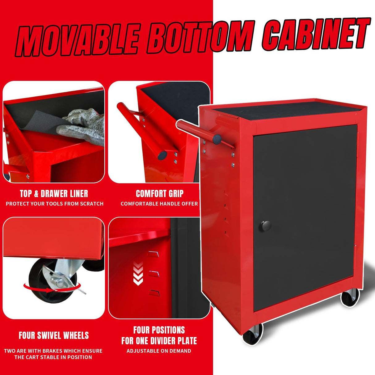 BIG RED ATBD134R-RB-4 Torin Rolling Garage Workshop Tool Organizer: Detachable 3 Drawer Tool Chest with Large Storage Cabinet and Adjustable Shelf, Red/Black BIG RED