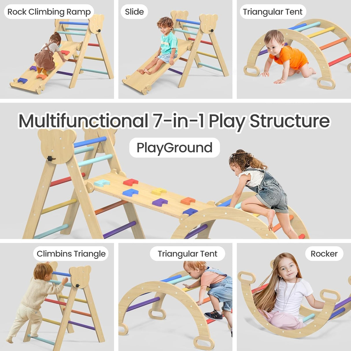 7 in 1 Montessori Pikler Triangle Set, Foldable Wooden Pickler-3 Piece Baby Climbing Gym Toddler Climbing Toys Indoor with Arch, Ramp, Ladder CMFYDAILY