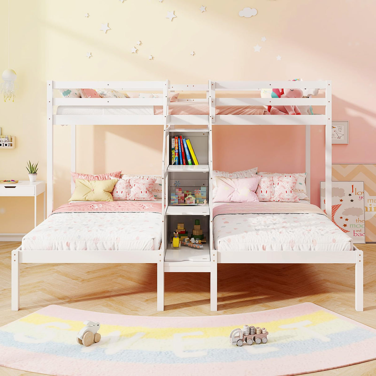 Giantex Twin Over Twin & Twin Bunk Bed, Triple Bunk Beds with 4-Step Storage Stair, Guardrail & Solid Wood Structure, Wooden 3 Bunk Beds for Kids Teens, No Box Spring Needed, White Giantex