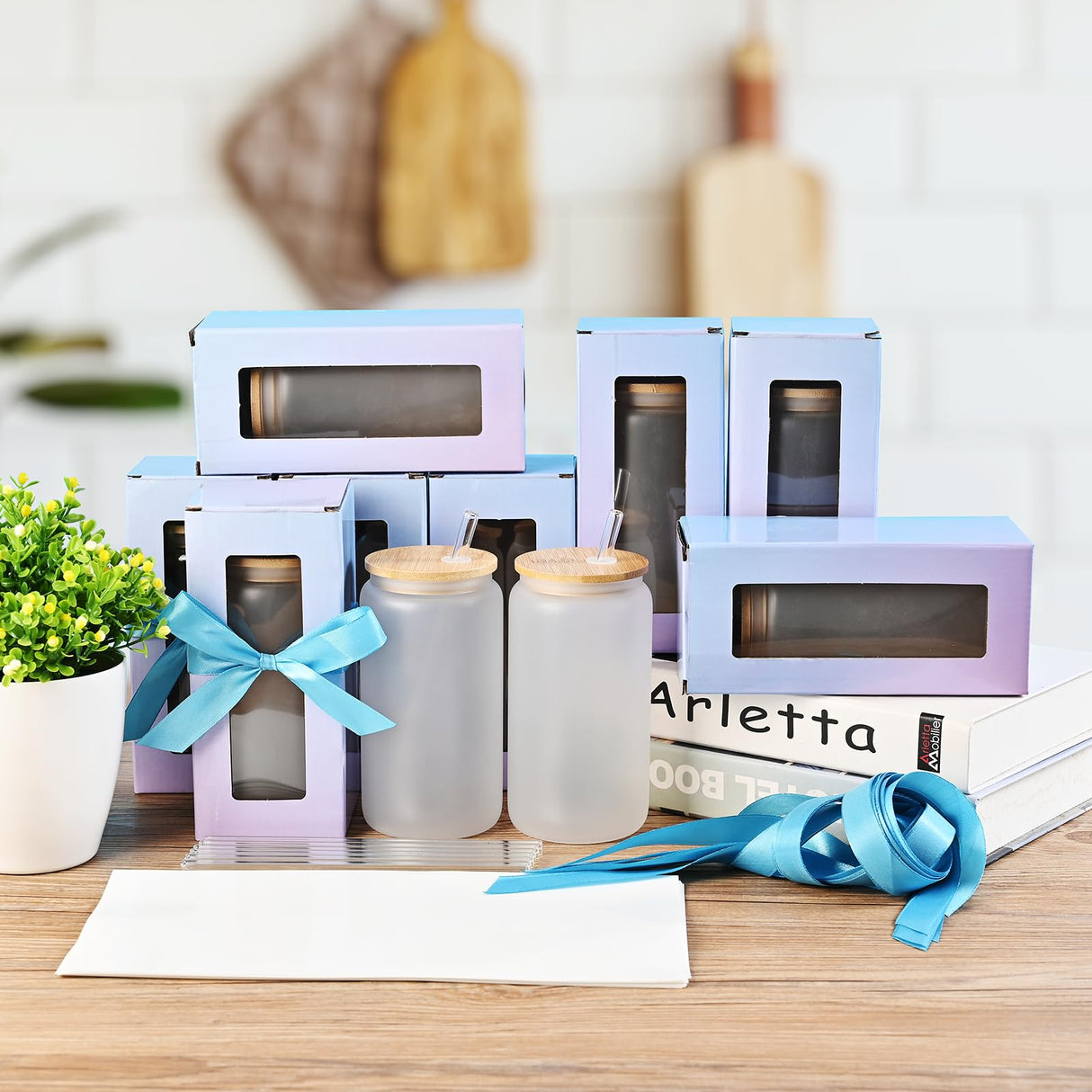 MAFYE Sublimation Glass Blanks With Bamboo Lid, 16OZ Frosted Sublimation Beer Can Glass with Glass Straws Gift Box Mason Jar Cups Mug Travel Tumbler for Beer, Juice, Soda, Iced Coffee, Drinks(8 PACK) MAFYE