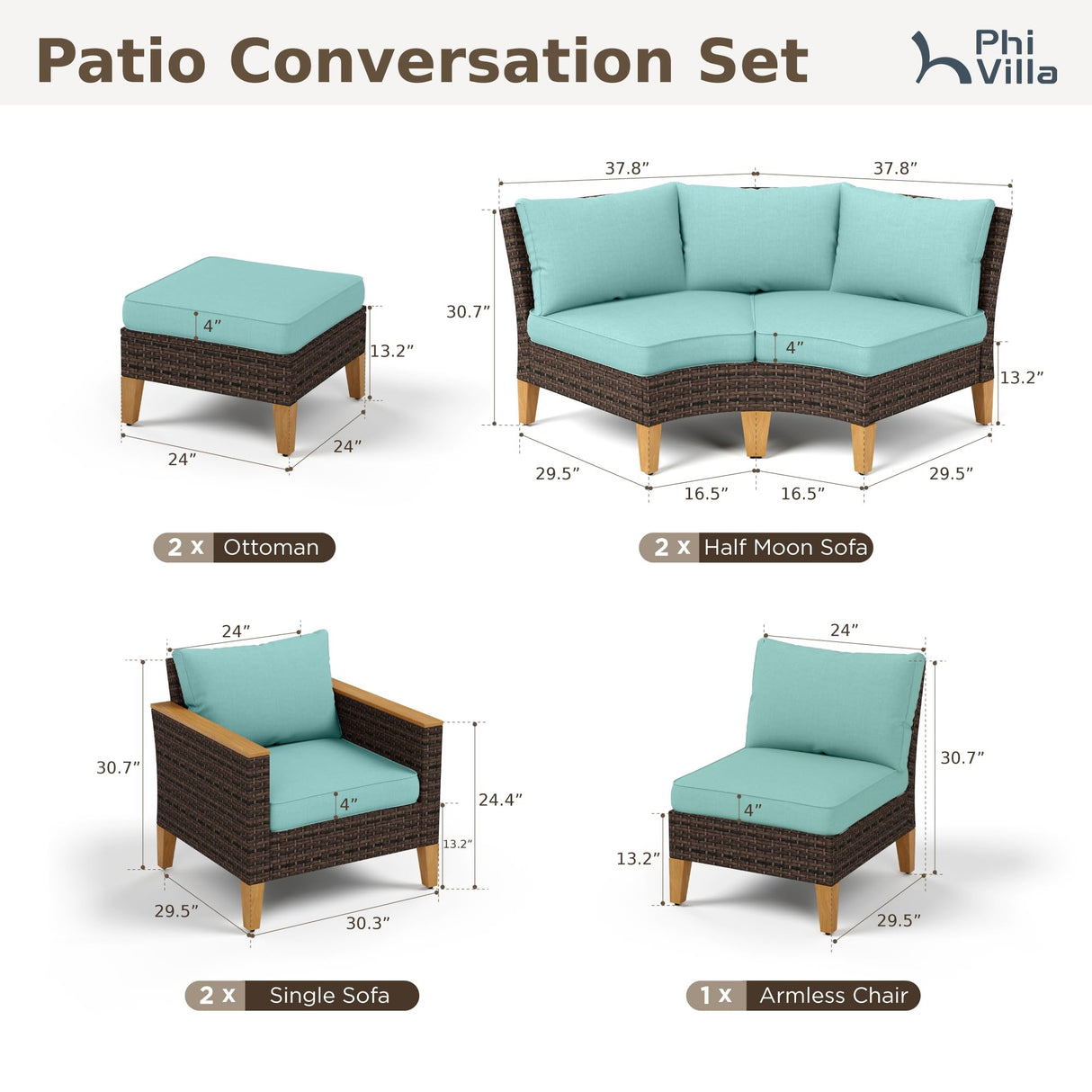 PHI VILLA 7-Piece Wicker Patio Furniture Set, Outdoor Half-Moon Curved Sectional Sofa with Thick Aqua Blue Cushions, 2 Ottomans, 2 Single Seats, Large Conversation Seating for Garden or Backyard PHI VILLA