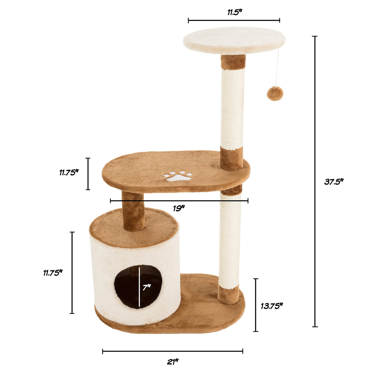 3-Tier Cat Tree - 2 Napping Perches, Kitten Condo, 2 Sisal Rope Scratching Posts, and Hanging Toy - Tower for Indoor Kitties by PETMAKER (Brown) PETMAKER