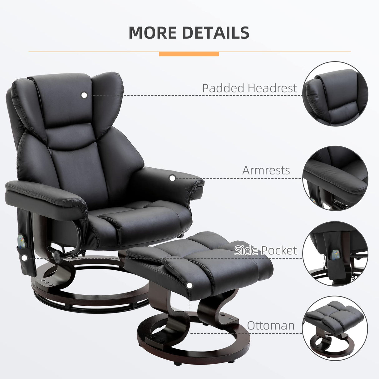 HOMCOM Massage Recliner Chair with Ottoman Footrest, 10 Vibration Points, 360° Swivel Reclining Chair, Faux Leather Living Room Chair with Side Pocket and Remote Control, Black HOMCOM