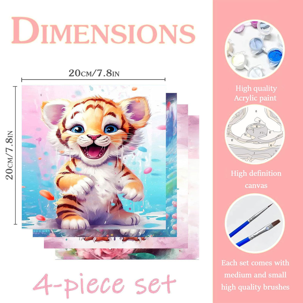 bleihum 4 Pack Paint by Numbers Kit for Kids Ages 4-8-12, Animal Paint by Number for Kids, DIY Acrylic Oil Painting Kit for Home Wall Decor(Frameless,8X8inch) bleihum